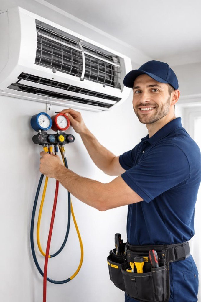 Technician repairing wiring on indoor AC unit