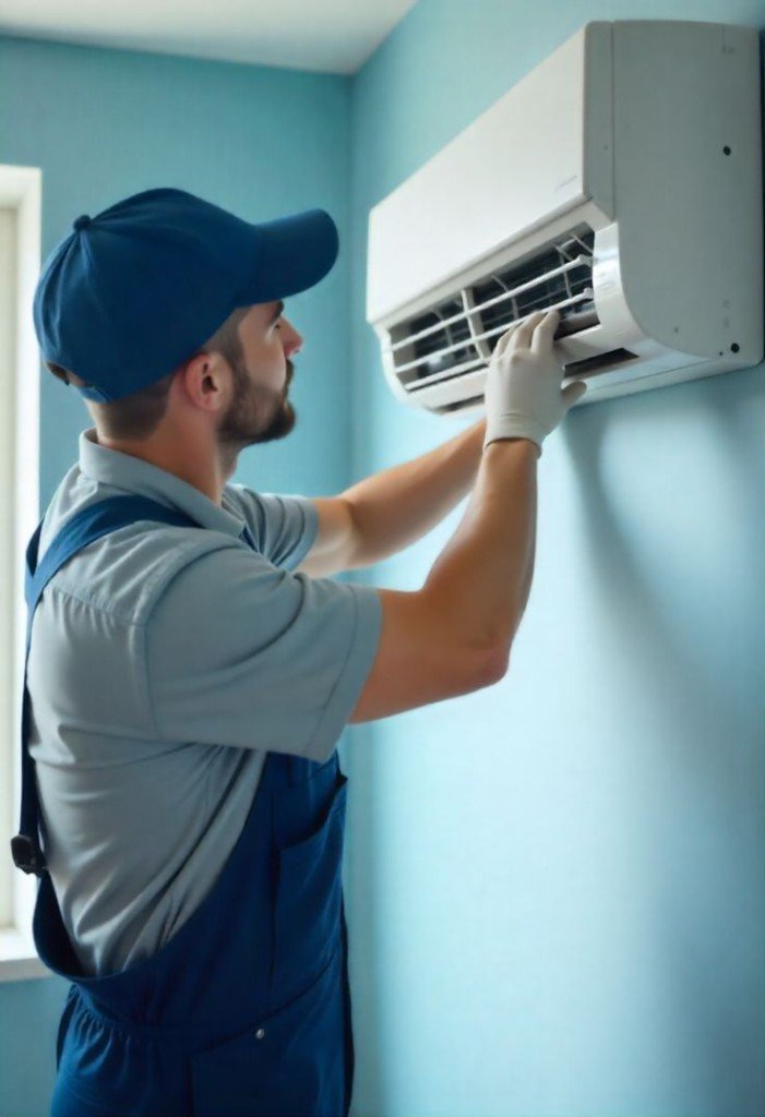 Technician adjusting indoor AC vents